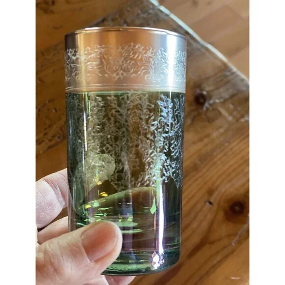 Vetri di Firenze Vtg Etched Colored Glass Etched Silver Top Rim Cordials Italian